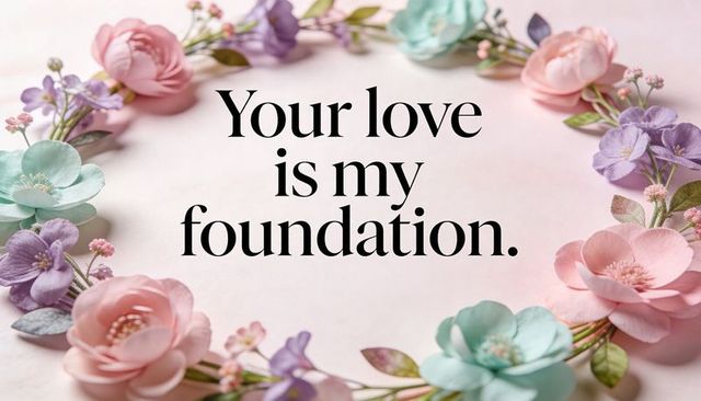 Pastel floral wreath framing romantic serif quote on cream paper for wedding stationery