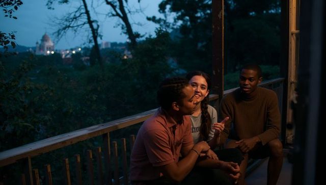 Twilight porch conversation between three friends on wooden balcony overlooking city dome