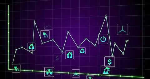 Neon energy market analytics dashboard showing volatile resource trend lines