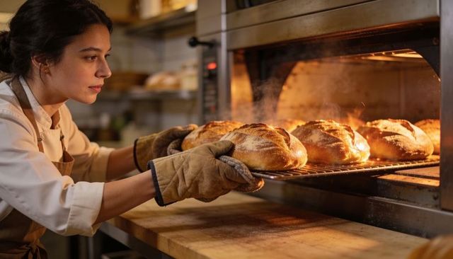 Female baker removing steaming golden sourdough loaves from commercial oven in artisan bakery