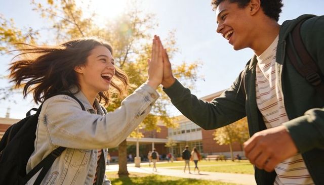 Sunlit college students laughing and high-fiving on campus quad during autumn