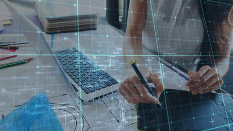 Woman Using Graphic Tablet with Digital Data Overlay