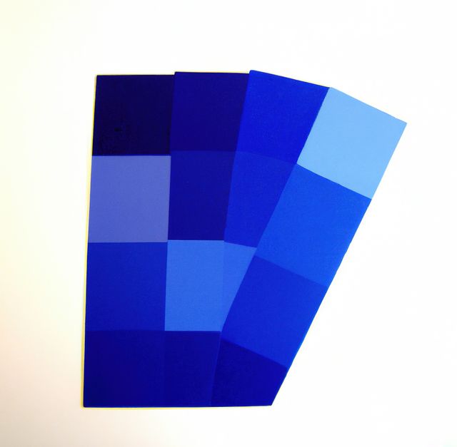 Fan arranged display of blue color sample swatches showing gradient shades from dark blue to light blue. Ideal for use in graphic design, interior design presentations, printing businesses, or showcasing color theory concepts.
