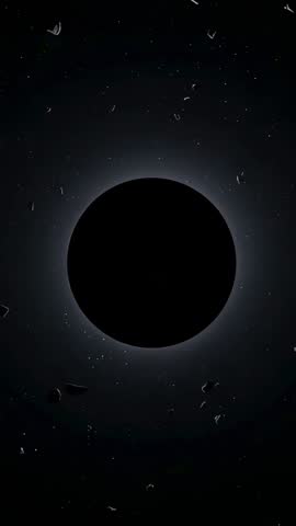 Vertical space video showing silhouetted orb with luminous rim and drifting debris in starfield