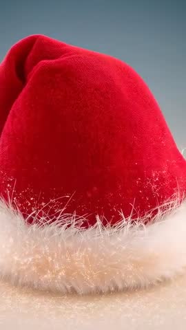 Camera zooming red velvet Santa hat settling on table with fluffy fur and glitter sparkles