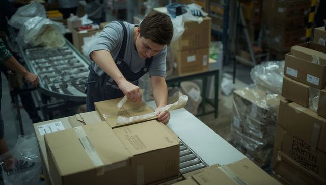 Warehouse worker sealing cardboard boxes on conveyor using tape gun for order fulfillment