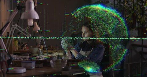 Potter Shaping Clay Under Desk Lamp with Glitch Holographic Halo in Artisan Studio