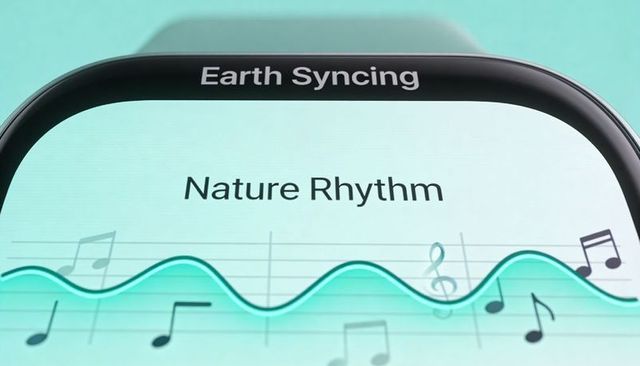 Smartwatch displaying earth syncing nature rhythm waveform interface on teal background