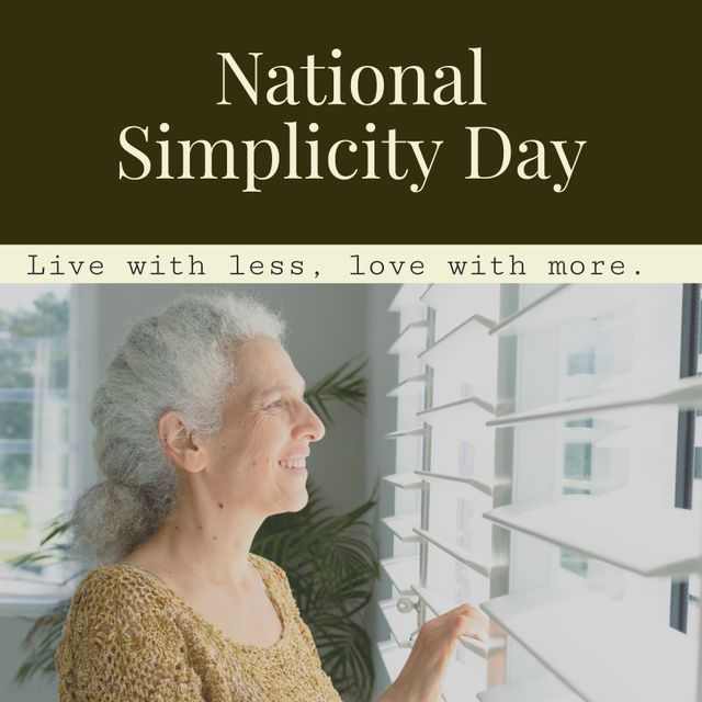 This image features a smiling senior woman, symbolizing positivity and joy during National Simplicity Day. The phrase 'Live with less, love with more' emphasizes themes of minimalism and contentment, making it perfect for promoting lifestyle blogs, minimalism campaigns, and well-being articles. It can also be used in social media posts to inspire simplicity and mindfulness.