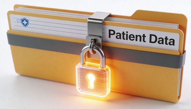 Protecting patient data locked medical records folder with glowing digital padlock