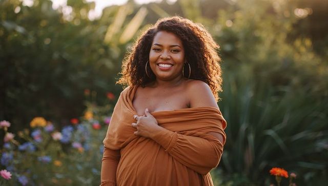 Golden hour smiling woman wearing rust off-shoulder dress and hoop earrings among wildflowers