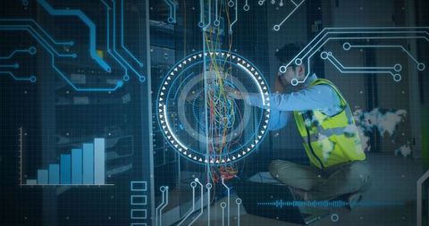 Technician with Digital Interface Overlay and Data Processing Elements - Download Free Stock Images Pikwizard.com