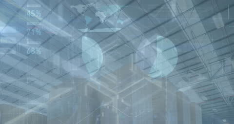Financial Data Animation Overlaying Modern Warehouse