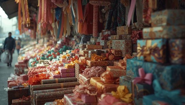 Vibrant gift box display at urban market
