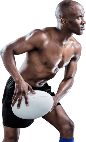 Shirtless African American Player Holding Rugby Ball on Transparent Background