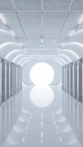 Vertical video holding static shot of futuristic server corridor with glowing portal