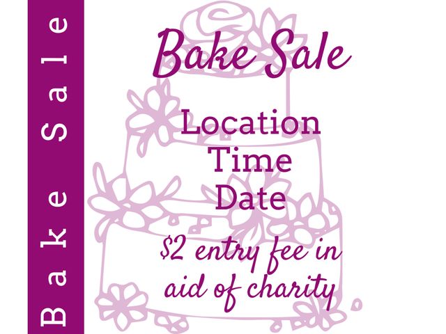 This stylized bake sale poster featuring a minimal cake illustration can be used to promote community fundraising events effectively. It highlights key event details like location, time, date, and entry fee conspicuously. Perfect for social media posts, community boards, newsletters, and email campaigns aimed at fundraising for charity. Engages audiences with its chic and clear design, making event participation enticing.