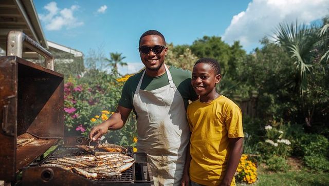 Father and son grilling whole fish in backyard garden smiling together sunny weekend