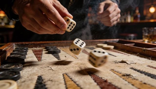 Hands tossing dice and rolling checkers on worn backgammon board in smoky bar