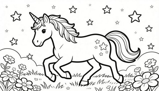 Trotting unicorn coloring page with spiral horn, star markings and flower meadow lineart
