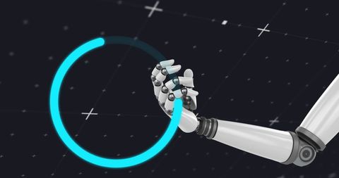 Futuristic robotic arm interacting with digital interface