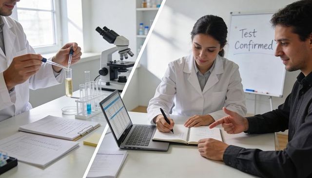 Dual-view laboratory teamwork showing pipetting, sample analysis and test confirmation