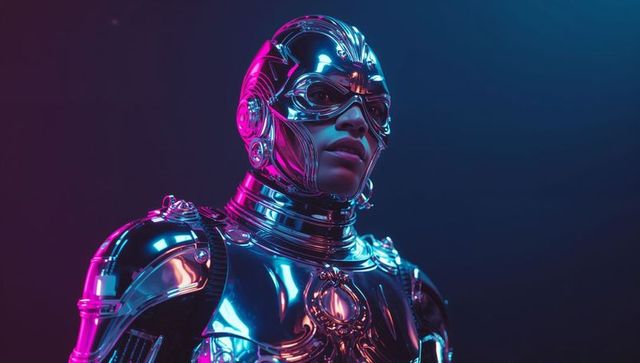 Futuristic Chrome Android in Neon-Lit Room