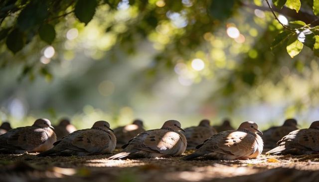 Dove flock resting and fluffing under leafy canopy with warm sunlit bokeh and shadows
