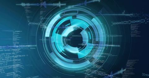 Rotating cyan-blue holographic HUD with concentric data rings and streaming code