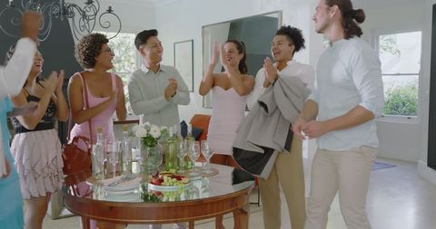 Happy Friends Gathering for Wedding Celebration at Home