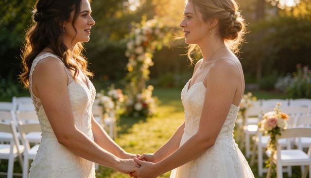 Two brides holding hands at sunset garden wedding ceremony | romantic outdoor vows