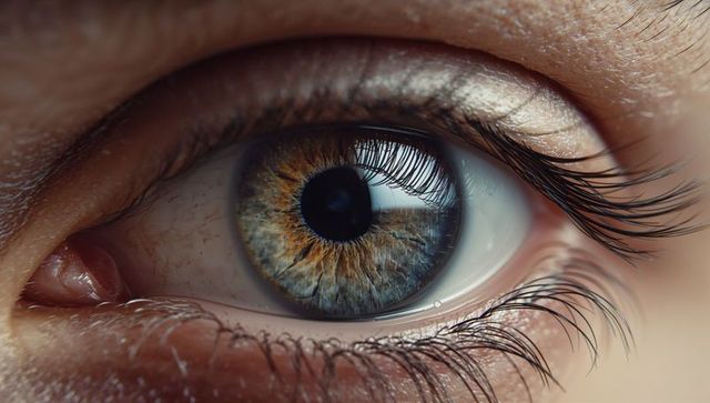 Revealing blue-gray amber iris in macro close-up with glistening tear film and lashes