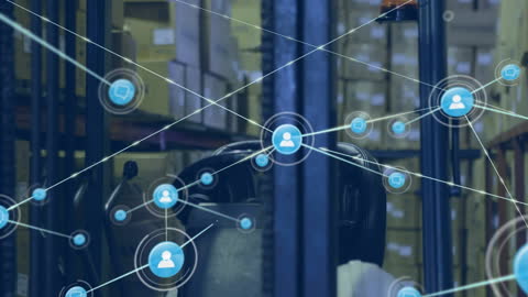 Digital Network Overlay and Warehouse Forklift Background