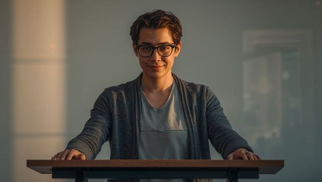 Confident young presenter standing behind lectern with glasses and warm lighting