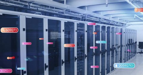 Digital server cabinets in modern data center with conceptual overlays