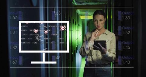 It security engineer inspecting server racks with tablet and malware analytics overlay