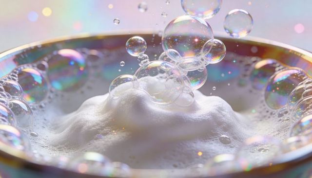 Iridescent bubbles rising over pearlescent foam in gold-rimmed bowl