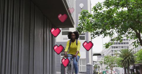 Confident Woman Biking with Pixelated Hearts Overlay