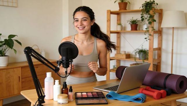 Home wellness creator recording skincare and fitness routine with cosmetics and laptop