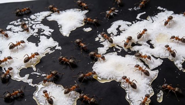 Ants foraging across sugar world map with honey droplets, macro closeup concept
