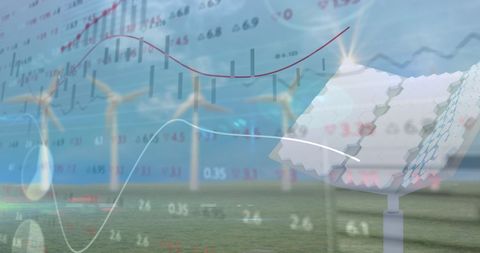 Financial Data Overlay with Solar Panels Symbolizing Green Energy