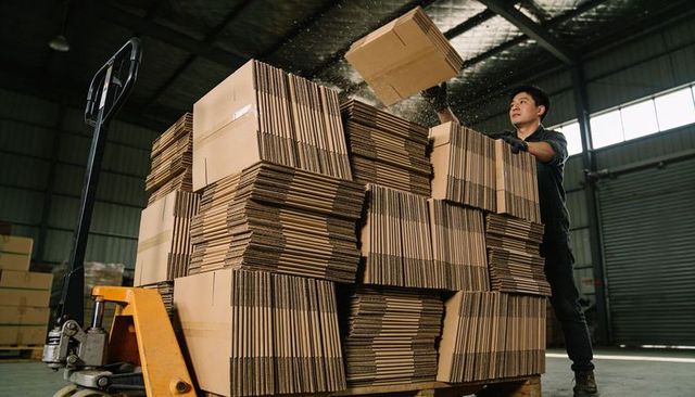 Warehouse Worker Stacking Cardboard Boxes onto Pallet Using Yellow Pallet Jack in Warehouse