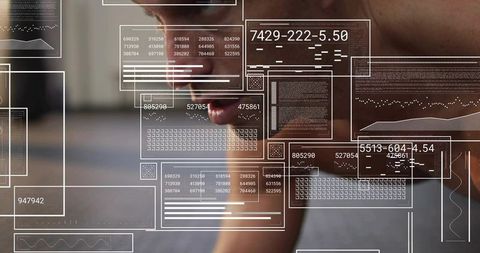 Man holding plank with fitness hud readouts showing workout data and performance metrics