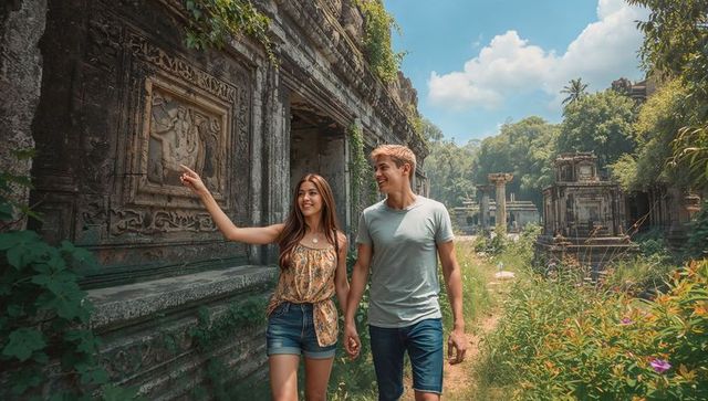 Young couple exploring ancient jungle temple ruins holding hands pointing at bas-relief carvings