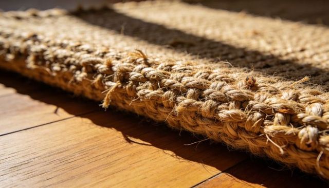 Sunlit woven jute rug edge on hardwood floor showing braided texture and frayed fibers
