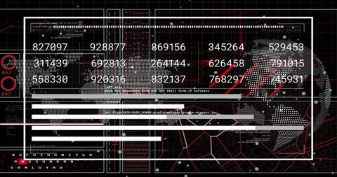 Displaying cyber HUD dashboard with numeric grid, progress bars and neon globe network