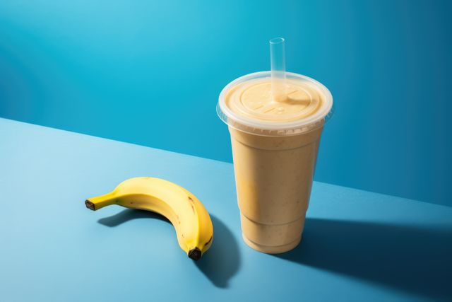 Banana smoothie and banana on blue background, created using generative ai technology. Fruit smoothie, food and drink, healthy eating concept digitally generated image.
