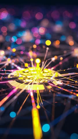 Futuristic neon hub pulsing with yellow core and radiating filaments vertical video