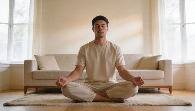 Man meditating cross-legged on rug in sunlit minimalist living room for mindfulness