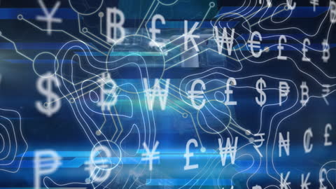 Digital Currency Symbols in Blue Cyber Background